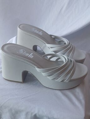 Sheln White Multi-Strap Fun Platform Block Heel Sandle